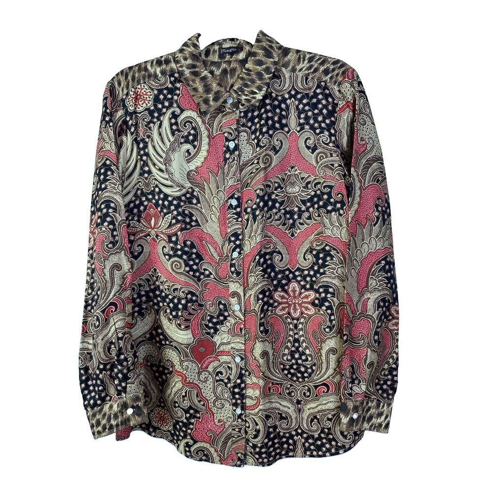 J.McLaughlin Red/Gold Paisley Button Down Shirt Women's Sz L Silk Blend